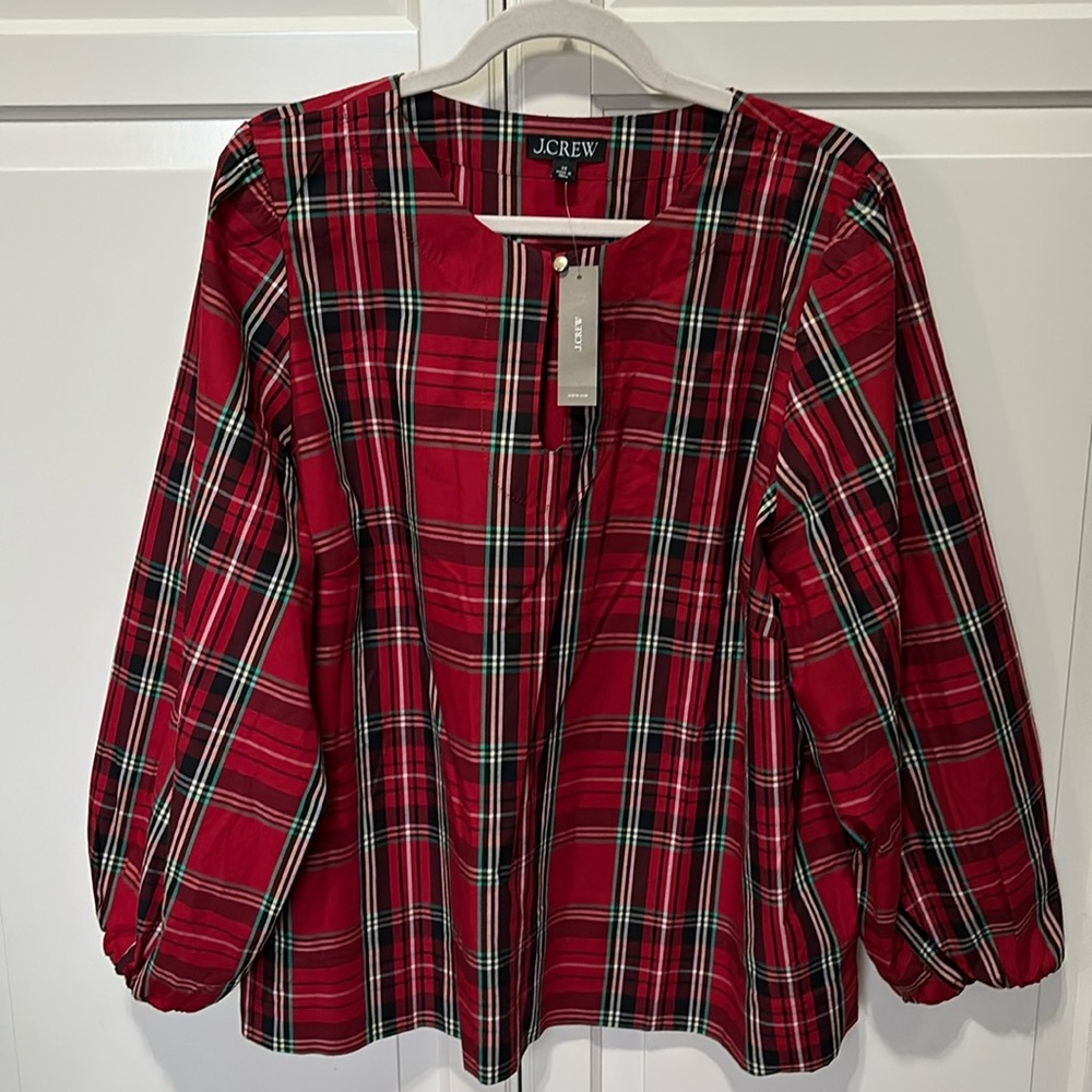 J Crew Puff-Sleeve Poplin Top in Tartan Plaid Size 2X